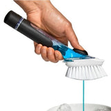 OXO Good Grips Soap Dispensing Dish Brush with ergonomic handle, drip-free soap valve, and built-in scraper for easy dish cleaning.