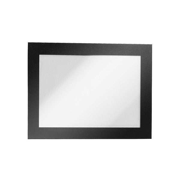 Self-adhesive Duraframe A6 in black, ideal for displaying notices and signage on smooth surfaces, easy document exchange.