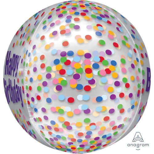 Clear foil balloon with vibrant funfetti design, perfect for birthday celebrations, self-sealing for easy setup.