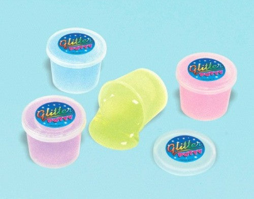 Colorful glitter putty in a value pack of 12, perfect for party favors and sensory play for kids.