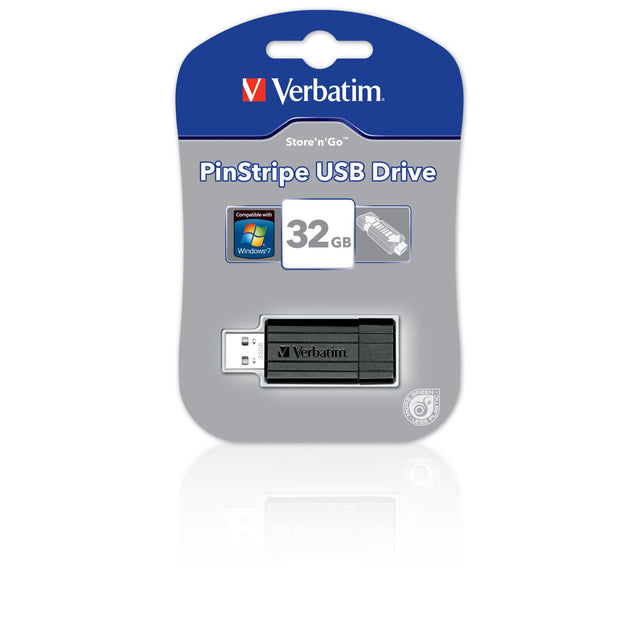 Black VBM Store'N'Go USB drive with pinstripe design, 32GB capacity, and sliding cover for protection.