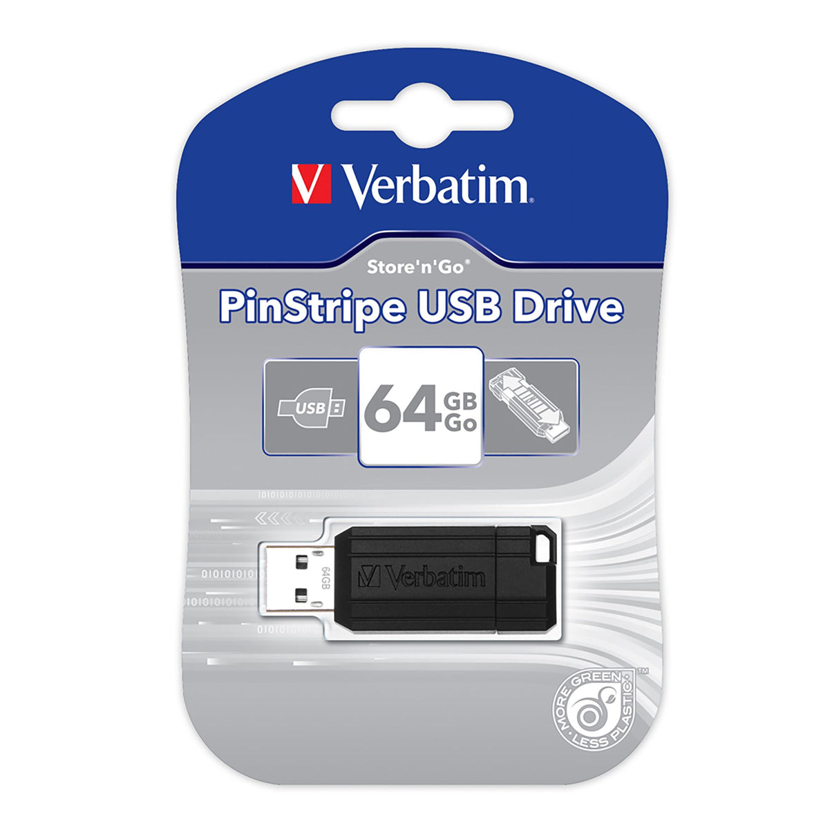 Pinstripe black 64GB USB drive with sliding cover, lightweight design, and read/write speeds for convenient data storage.