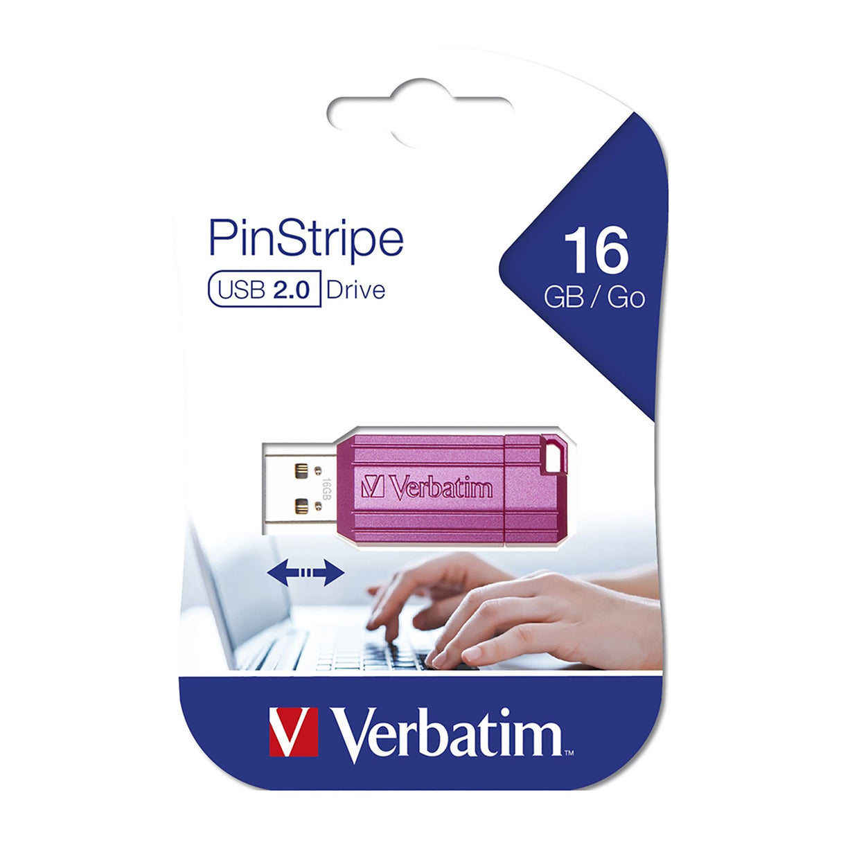 Pink Verbatim Store'n'Go Pinstripe USB Drive, 16GB, lightweight, retractable design, ideal for easy file storage and sharing.