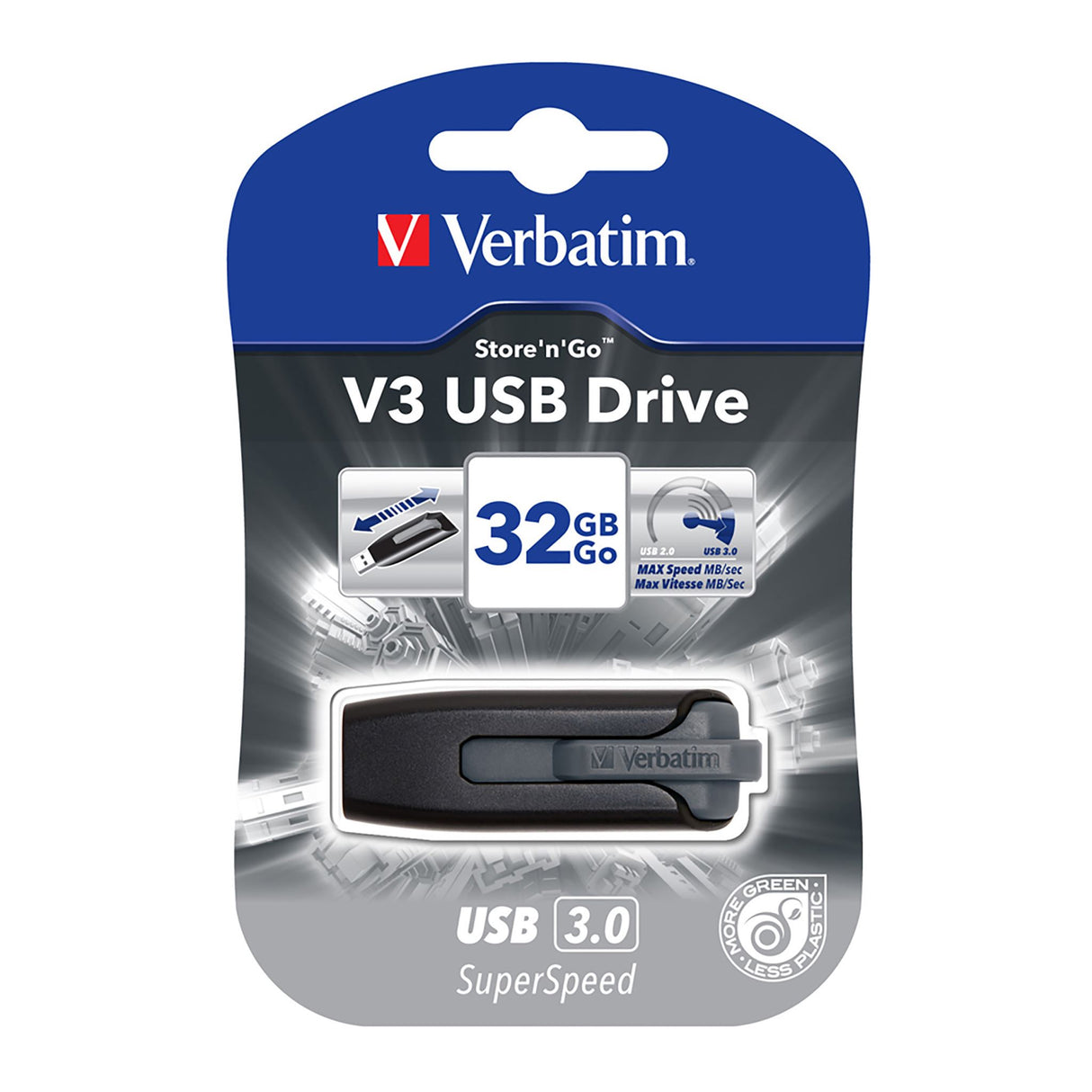 Verbatim 32GB USB 3.0 drive in sleek grey, featuring fast data transfer, retractable design, and compact portability.