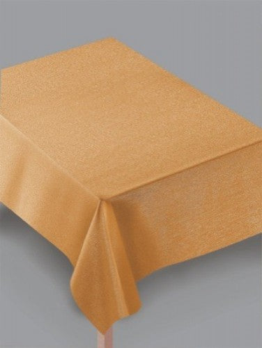 Elegant gold metallic fabric tablecover, 60" x 104", perfect for enhancing dining spaces at events and celebrations.