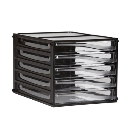 Esselte Desktop Filing Drawers in black with five stackable A4 compartments, designed for organized and efficient workspace storage.