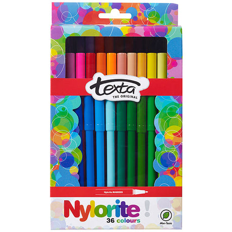 Vibrant 36-pack of Texta Nylorite color markers with smooth tips and non-toxic, water-based ink for precise coloring and drawing.