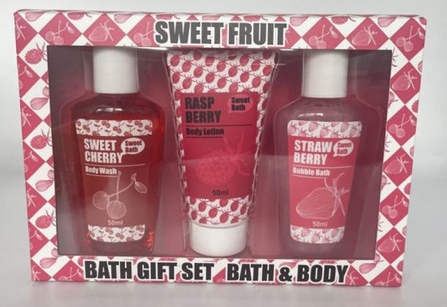 Luxurious Sweet Fruit 3 pcs Bath & Body Gift Set featuring shower gel, bubble bath, and body lotion for radiant skin.