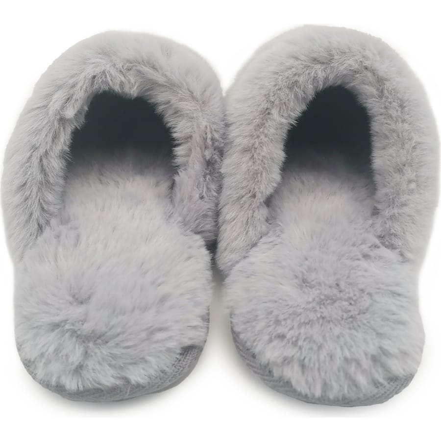 Satin Slippers Ladies Faux Fur Pink & Grey