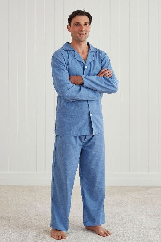 Sophisticated Theo classic PJ set in Small with long sleeve top and elasticated pants, made from certified cotton and linen.