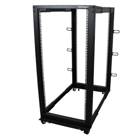 25U Adjustable Depth 4 Post Server Rack with casters, cable management hooks, and 1200lbs load capacity for versatile equipment storage.