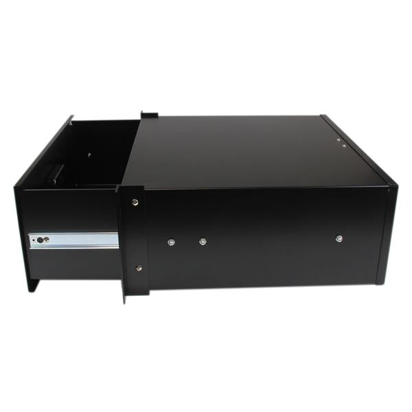 4U black steel storage drawer for 19-inch racks, holding up to 25 kg, ensuring organized access to tools and documents.