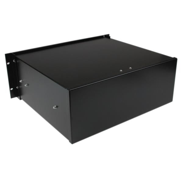 4U Black steel storage drawer designed for 19" racks, holds up to 25 kg for organizing tools, software, and documents.