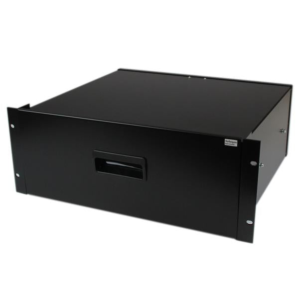 4U Black Steel Storage Drawer designed for 19 in. server racks, offering 25 kg capacity for efficient organization of hardware and tools.