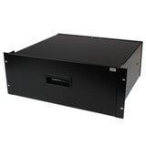 4U Black Steel Storage Drawer designed for 19 in. server racks, offering 25 kg capacity for efficient organization of hardware and tools.