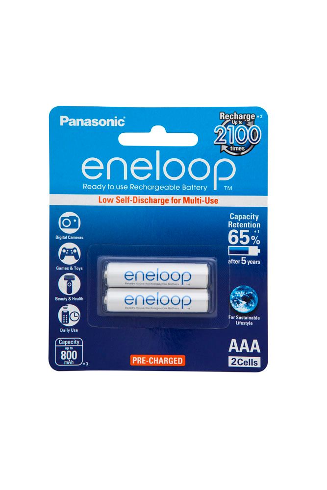 Panasonic Eneloop AAA rechargeable batteries, 800mAh capacity, eco-friendly, pre-charged, lasts up to 5 years, 2 pack.