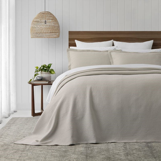 Ecru king single bedspread set by BAKSANA, featuring stonewashed cotton and mitred corners for a neat and tidy look.