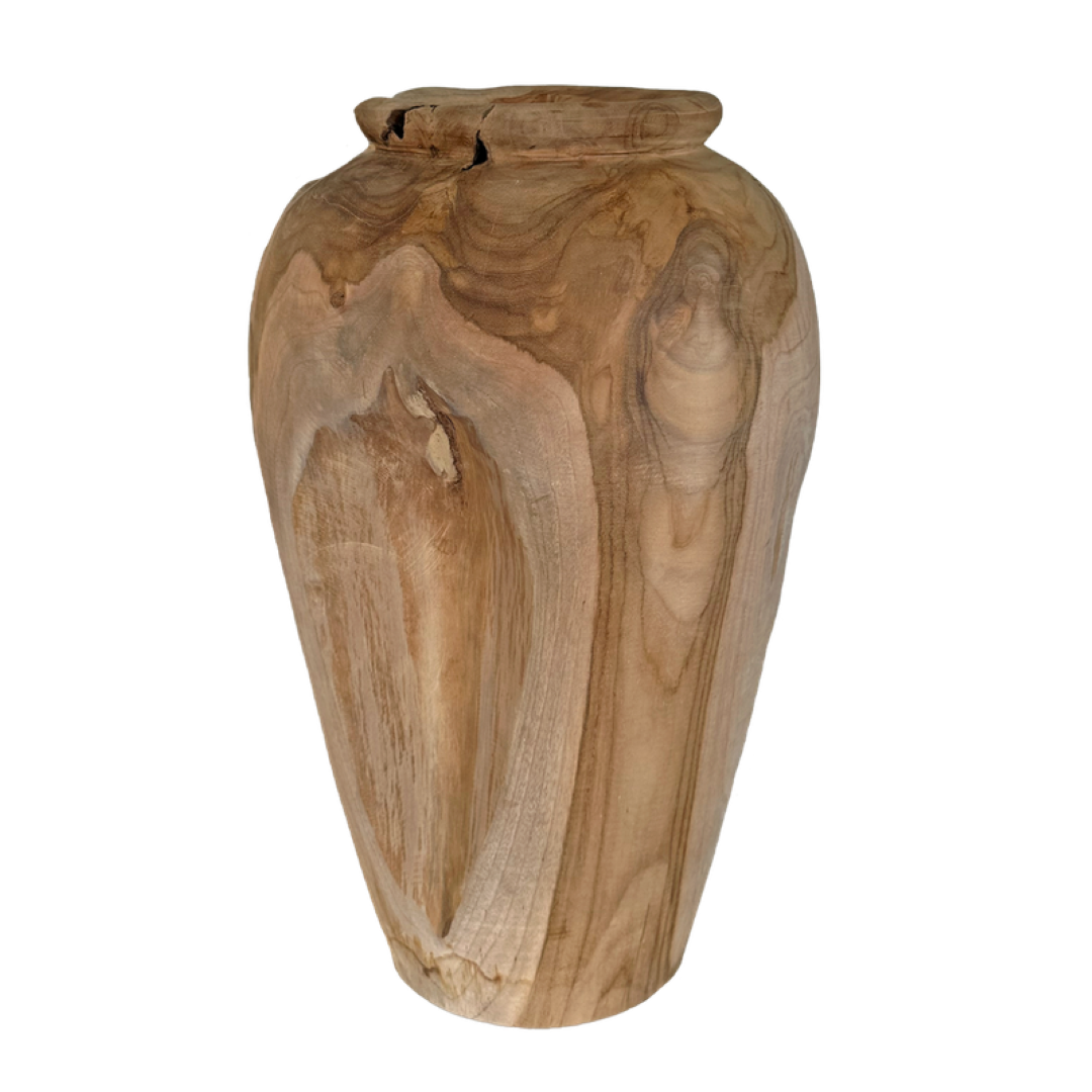 Natural teak wood vase, 40cm tall, ideal for fresh or dried flowers, perfect for home décor accents.