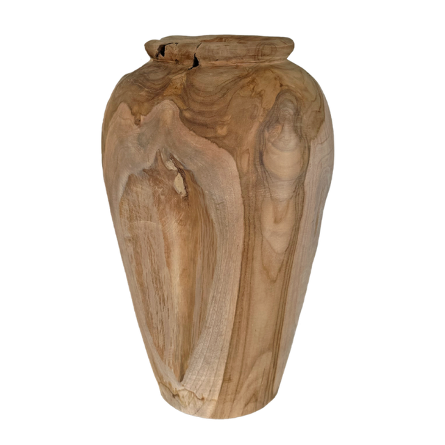 Natural teak wood vase, 40cm tall, ideal for fresh or dried flowers, perfect for home décor accents.