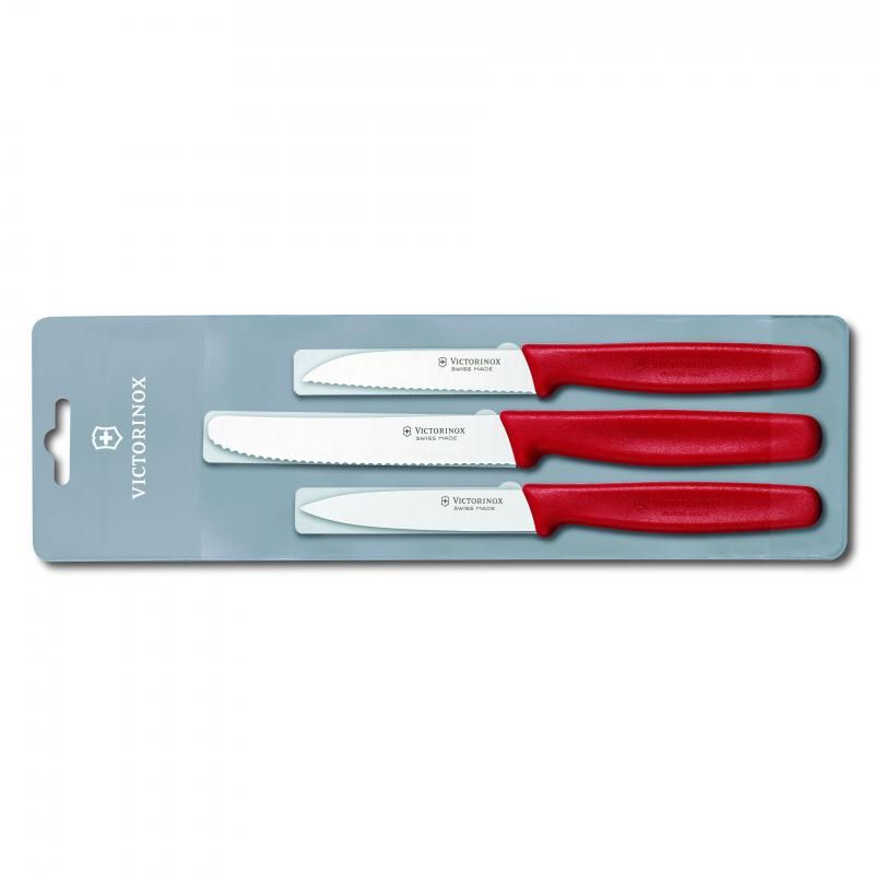 Victorinox 3-piece paring knife set in red, featuring serrated, pointed, and straight knives with ergonomic non-slip handles.