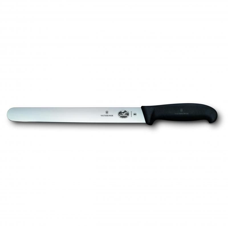 Black Victorinox 25cm slicing knife with ergonomic Fibrox handle and rounded tip for precise, safe cutting of meats and fish.