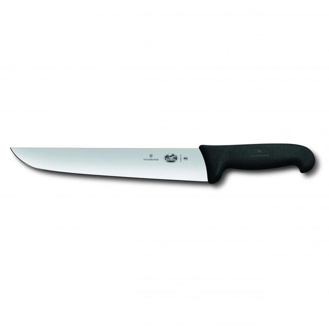 Victorinox Fibrox Straight Back Butchers Knife 28cm with stainless steel blade and ergonomic black handle for precision butchering.