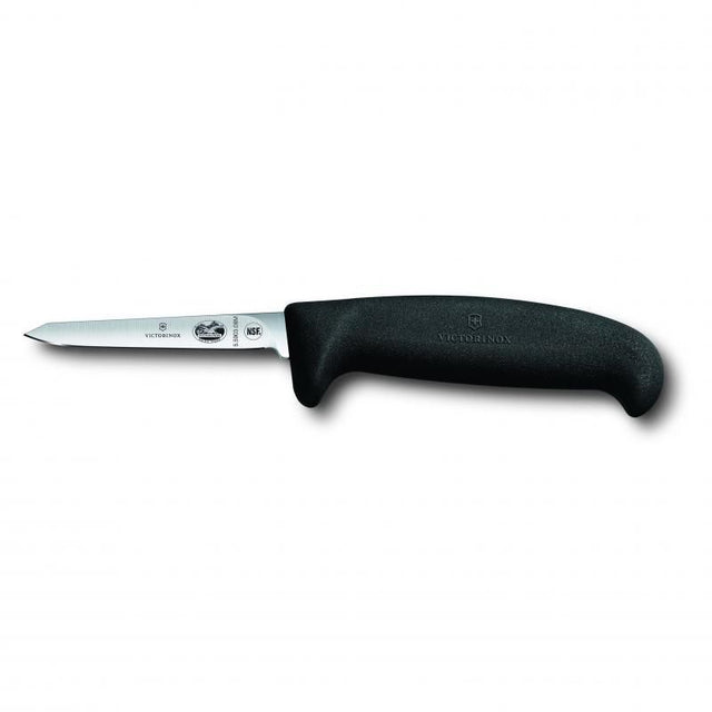 Victorinox Poultry Knife with 8cm curved blade and ergonomic black Fibrox handle, ideal for precise deboning chicken and fish.