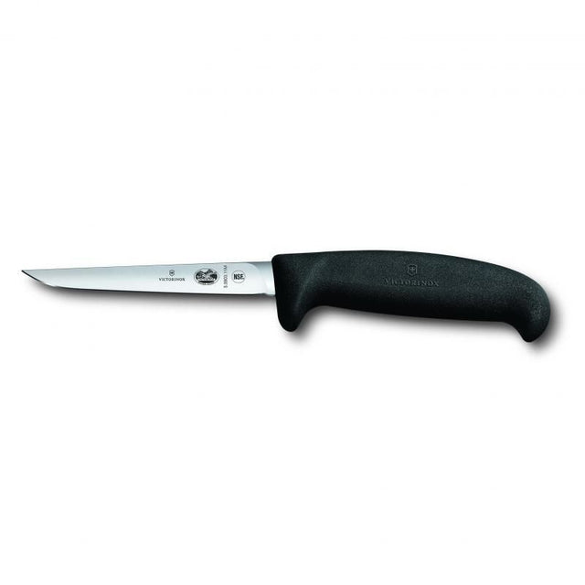 Victorinox 9 cm poultry knife with ergonomic black Fibrox handle, designed for precise deboning and effortless cutting.