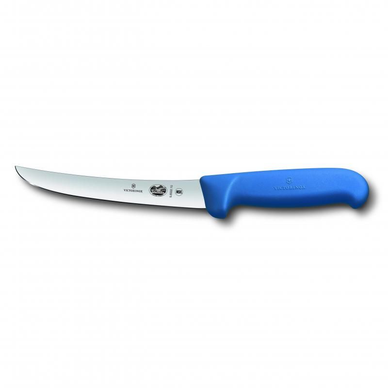 Victorinox 15cm blue boning knife with a semi-flexible curved blade and ergonomic Fibrox handle for precise deboning tasks.