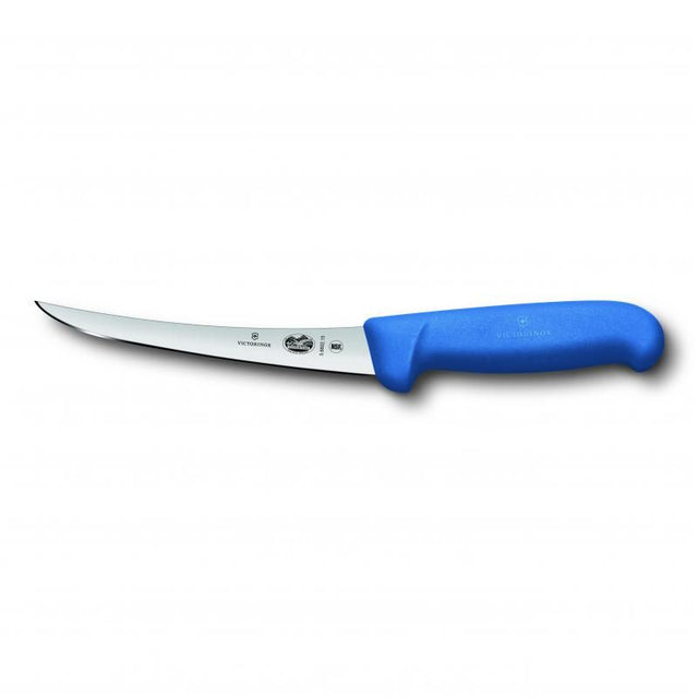 Victorinox 15cm curved boning knife in blue with ergonomic Fibrox handle, ideal for precise meat deboning and filleting.