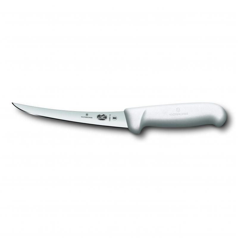 Victorinox 15cm boning knife with curved blade and ergonomic white Fibrox handle, ideal for precise meat filleting and deboning.