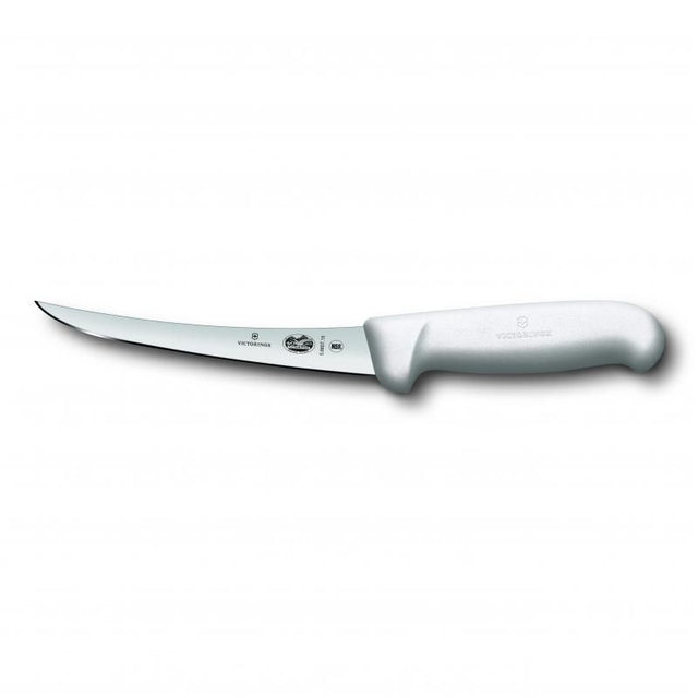 Victorinox 15cm boning knife with curved blade and ergonomic white Fibrox handle, ideal for precise meat filleting and deboning.