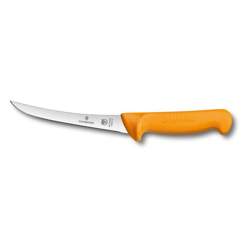 Victorinox Swibo boning knife with a curved 13cm blade and vibrant yellow ergonomic handle for precision cutting.