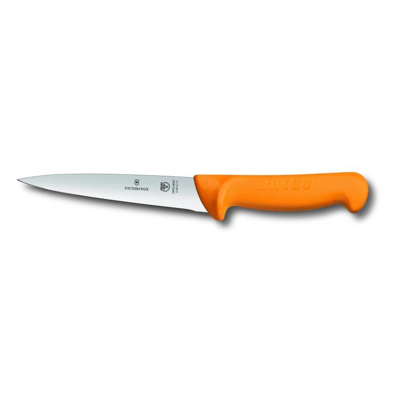 Victorinox Swibo boning knife with a 13cm curved blade and ergonomic yellow non-slip handle for precise meat cutting.