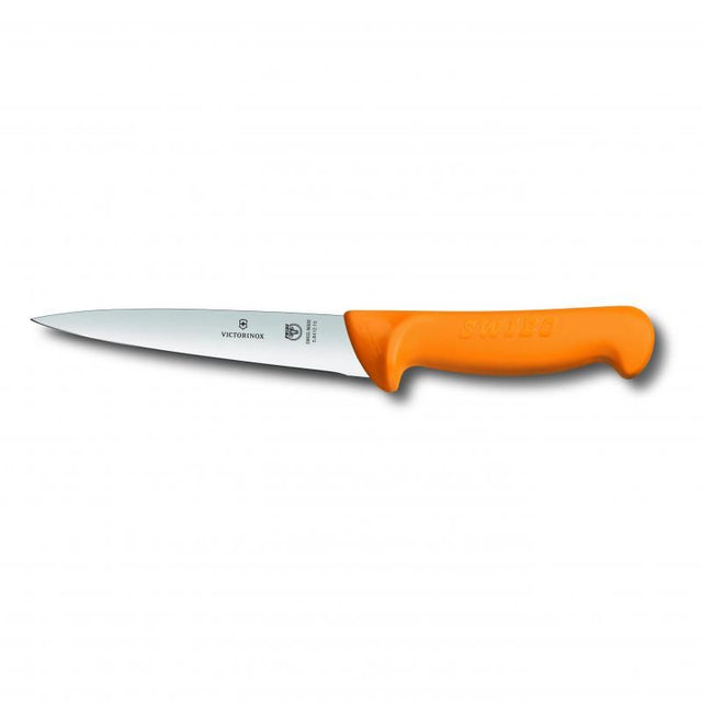 Victorinox Swibo boning knife with a 13cm curved blade and ergonomic yellow non-slip handle for precise meat cutting.