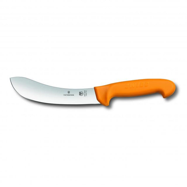 Ergonomic Victorinox Swibo skinning knife with 18cm high carbon stainless steel blade and bright yellow handle, perfect for precision cutting.