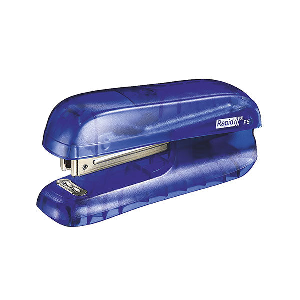 Blue Rapid Stapler F5 with integrated staple remover, top-loading, staples up to 10 sheets, perfect for office or school use.