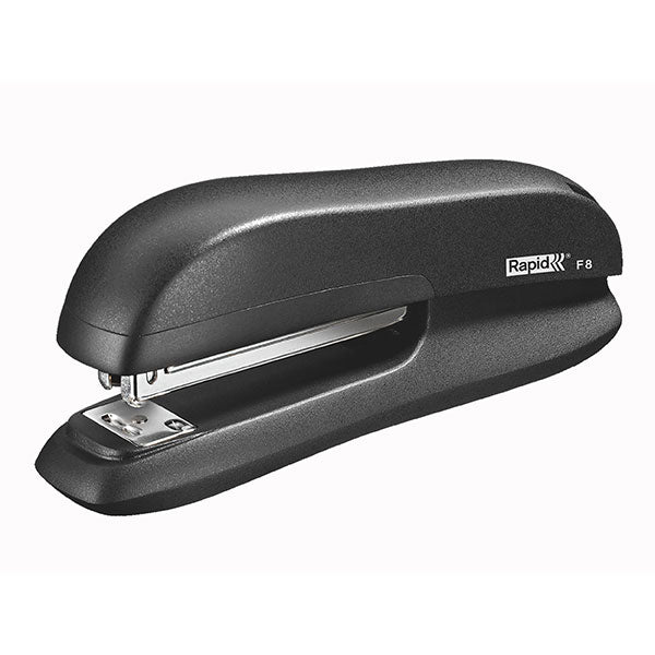 Rapid Stapler F8 in black, features metal mechanism, ergonomic design, low staple indicator, staples up to 20 sheets.