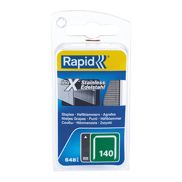 Box of 970 Rapid Stainless Steel Staples, 8mm length, ideal for insulation, plastics, and outdoor use with enhanced penetration.