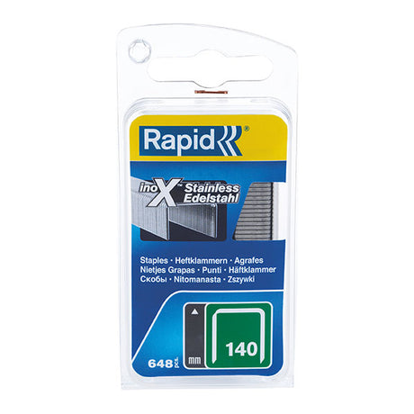 Box of 970 Rapid Stainless Steel Staples, 8mm length, ideal for insulation, plastics, and outdoor use with enhanced penetration.