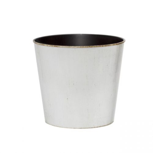 Antique round white plastic pot for floral arrangements, 17cm diameter, 15.5cm height, perfect for home decor.