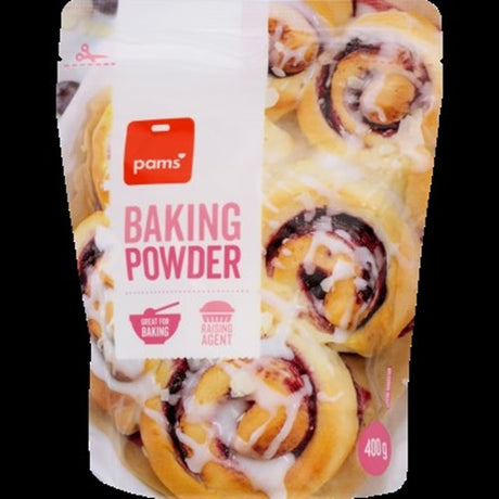 Pams Baking Powder 400g, a gluten-free leavening agent for fluffy cakes, muffins, and cookies in a convenient 400g pack.