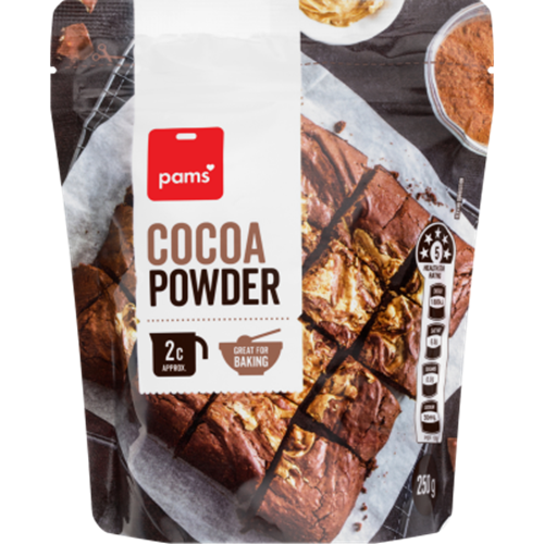 Rich Pams Cocoa Powder 250g, made from premium beans, perfect for baking and enhancing beverages with intense chocolate flavor.