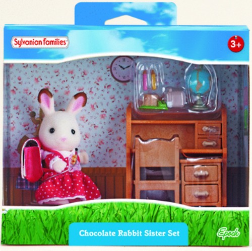 Chocolate Rabbit Sister Set featuring Freya Chocolate at her colorful desk with school supplies, perfect for imaginative play.