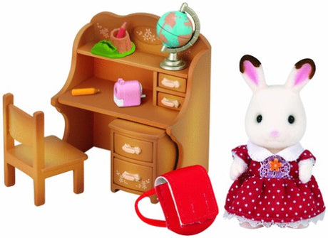 Chocolate Rabbit Sister Set featuring Freya with brown fur, a colorful desk, and school supplies for imaginative play.