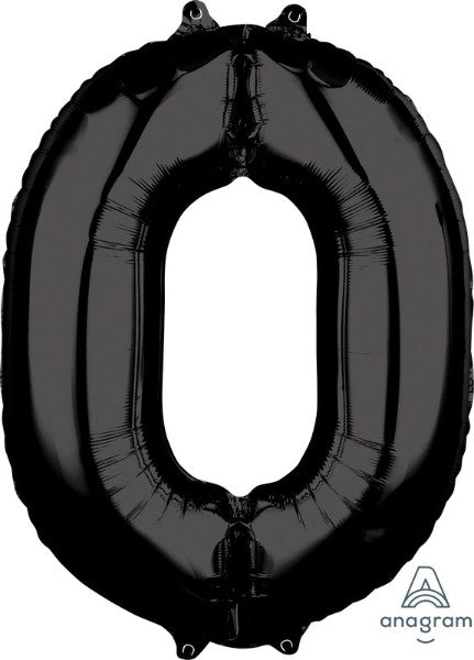 Mid-size black foil numeral 0 balloon, ideal for birthdays and milestones, durable, elegant, easy to inflate, perfect for celebrations.