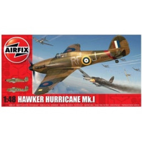 Detailed plastic model kit of the Airfix 1:48 Hawker Hurricane Mk.I, RAF's key WWII fighter plane.