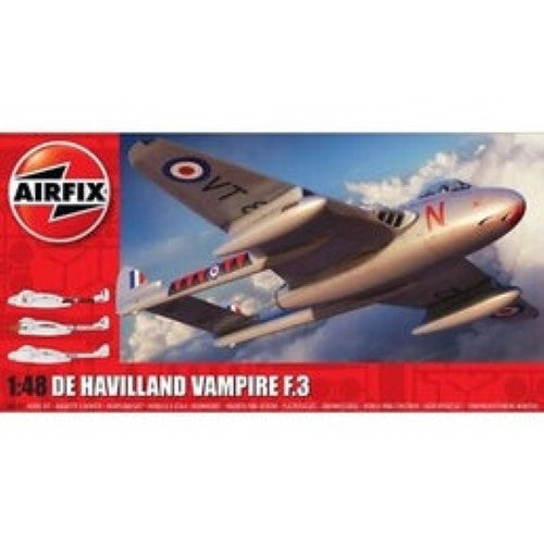 Highly detailed 1:48 scale model kit of the De Havilland Vampire F.3 jet fighter, includes 124 finely crafted parts.