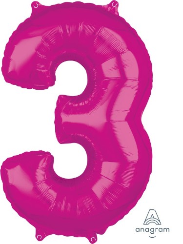 Mid-size pink numeral 3 balloon, perfect for celebrations, durable and stylish for birthdays and anniversaries.