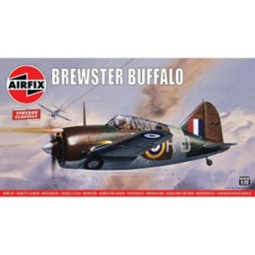 Plastic model kit of the Brewster Buffalo fighter plane, featuring detailed parts and instructions for WWII enthusiasts.